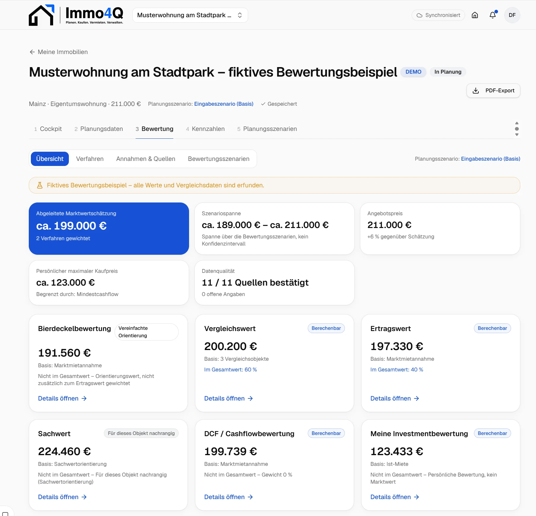 Bewertungsübersicht mit Vergleichswert, Ertragswert und weiteren Verfahren für ein fiktives Immobilienbeispiel
